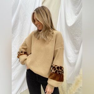 Beige Sweater with Leopard Print Sleeves ** NWT ** BTQ